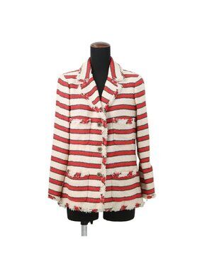 Chanel Jacket Tweed Stripe 42 Ivoryred Brown